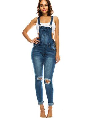 Women’s Distressed Denim Overalls with Spandex - Slim Fit Straight Leg